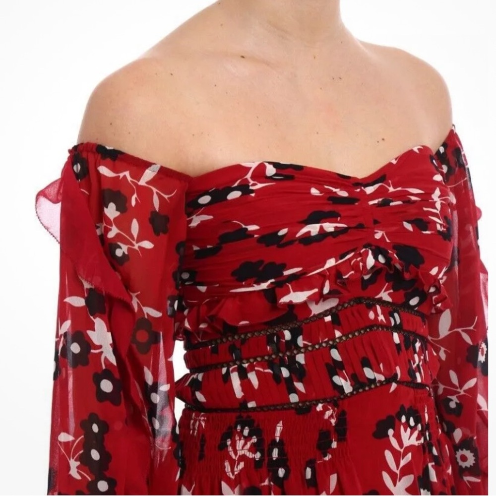 Self-Portrait Romantic Floral Off-Shoulder Red Ruffle Tiered Midi Dress Size 4 - Picture 4 of 13